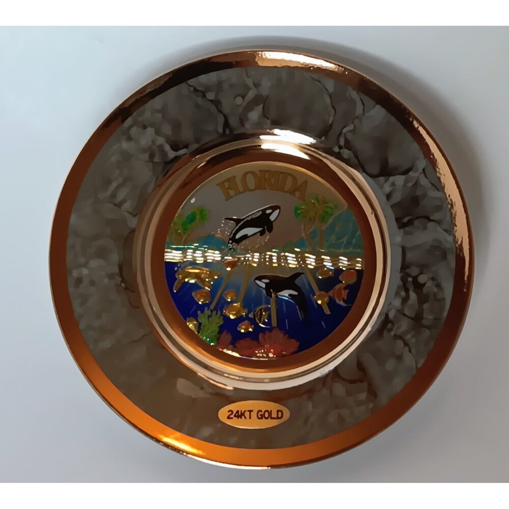 Vintage Japanese Chokin Art 24 K Gold Edged Souvenir Plate Florida Orca Whale 4"